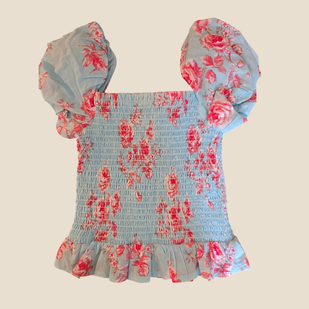 Janie and Jack Light Blue Floral Smocked Puff Sleeve Top Red RuffleHem Blouse 3T